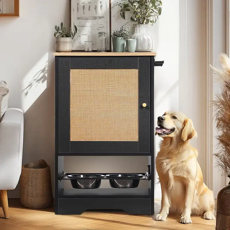 Black pet feeding cabinet with a rattan door and raised stainless steel bowls, with a golden retriever sitting beside it Black pet feeding cabinet with a rattan door and raised stainless steel bowls, with a golden retriever sitting beside it