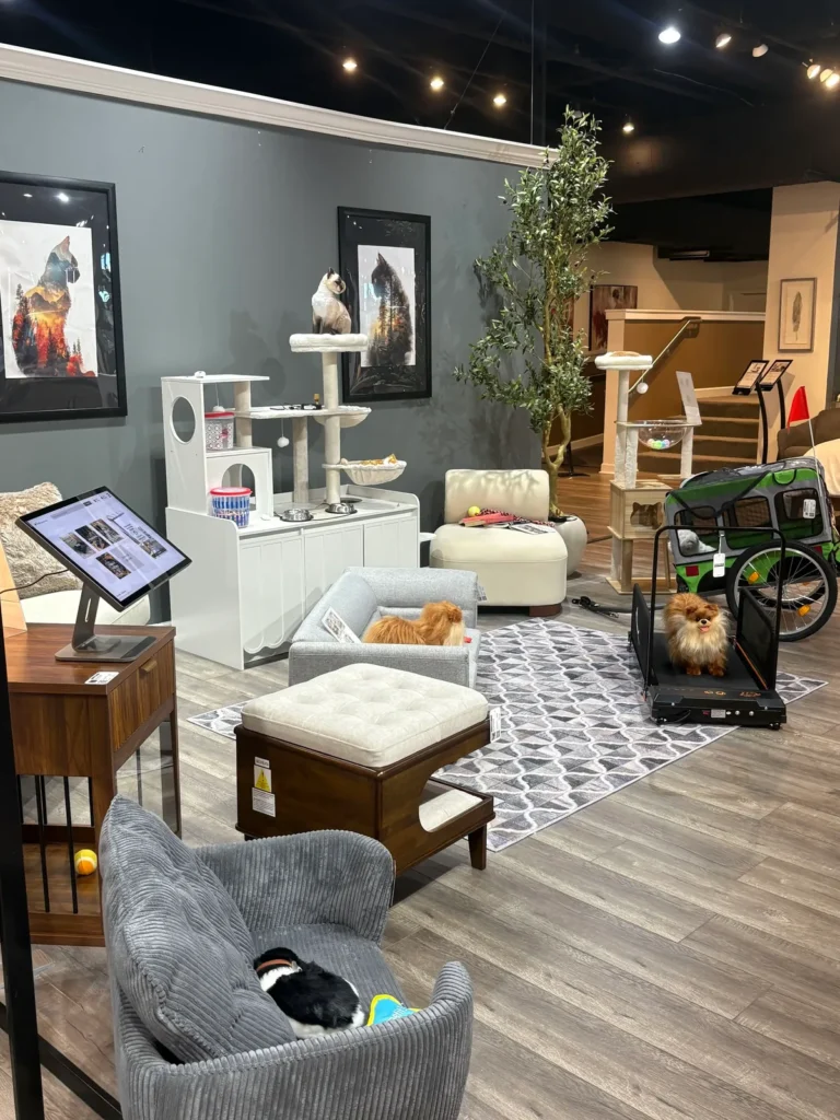 Pet furniture showroom with a Wonder kiosk, white cat tree cabinet, gray pet sofa, pet treadmill, stroller, and pet chair Pet furniture showroom with a Wonder kiosk, white cat tree cabinet, gray pet sofa, pet treadmill, stroller, and pet chair