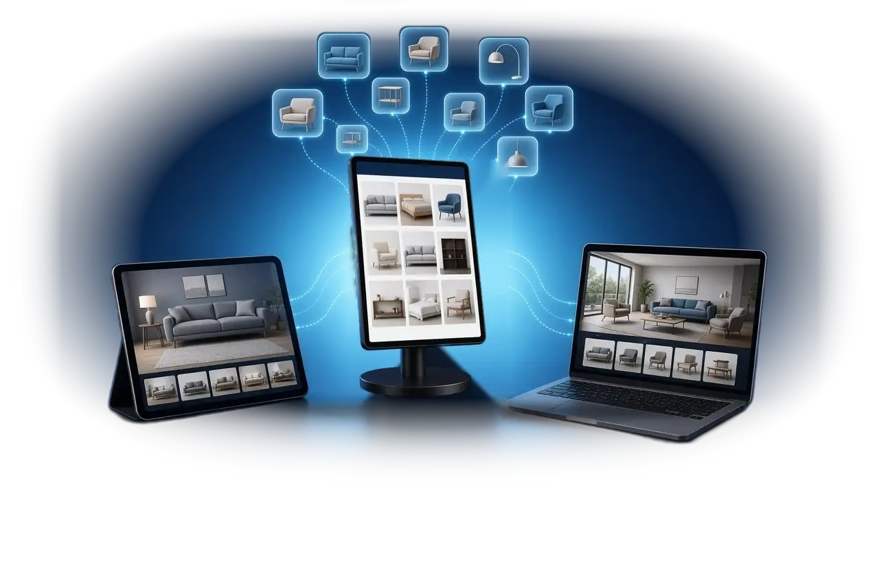 Wonder Sunmi Flex 3 tabletop kiosk, sales tablet and retailer website showing furniture catalogs fed by hundreds of brand catalogs.