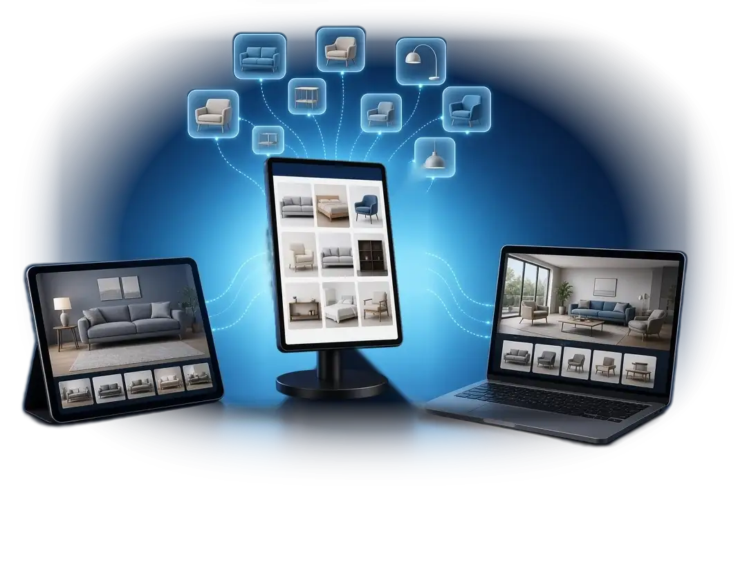 Wonder Sunmi Flex 3 tabletop kiosk, sales tablet and retailer website showing furniture catalogs fed by hundreds of brand catalogs.