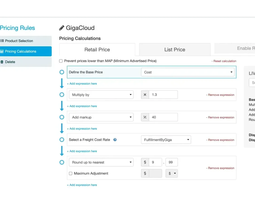 Wonder screen of GigaCloud pricing rules with a product table, price columns, and margin fields used for dynamic pricing
