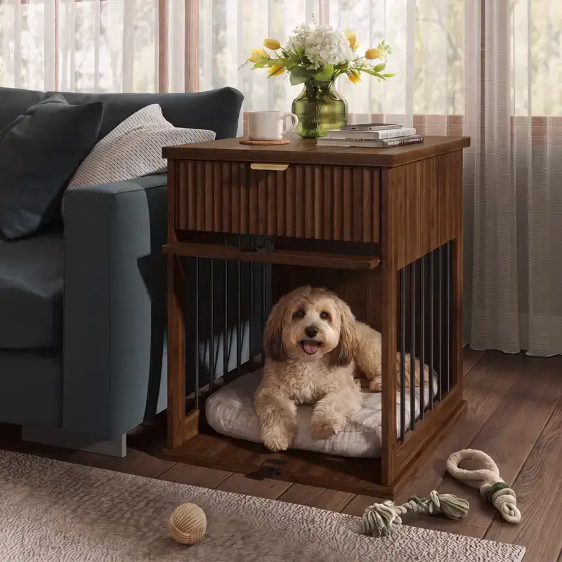 Walnut fluted end table with a built-in dog crate beside a gray sofa, with a fluffy dog resting on a cushion inside Walnut fluted end table with a built-in dog crate beside a gray sofa, with a fluffy dog resting on a cushion inside